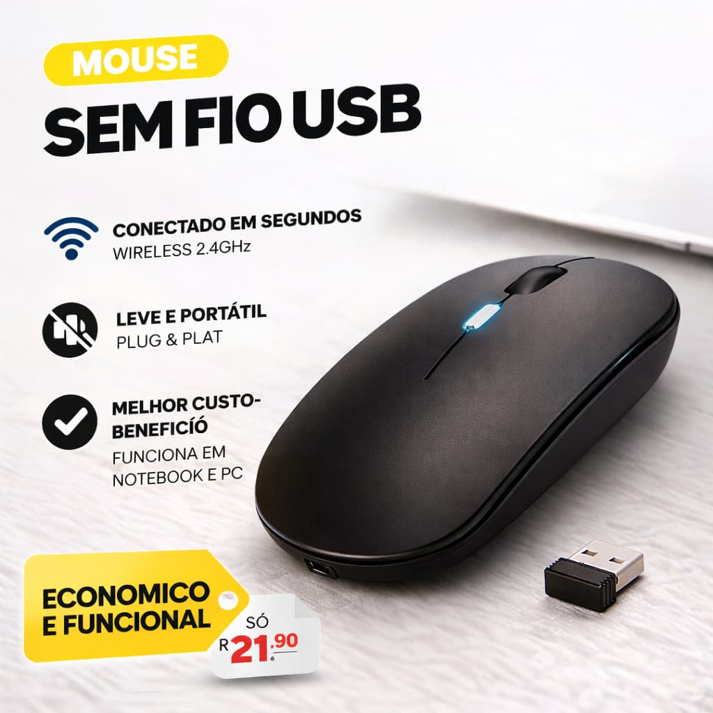 🖱️ Mouse Sem Fio Wireless  RGB 2.4GHz USB Óptico Notebook PC Slim Portátil
