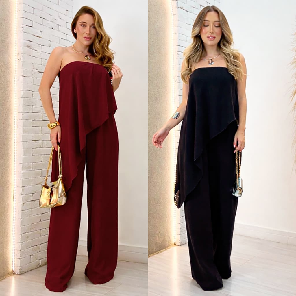 Macacão Feminino Assimétrico Pantalona Longo Duna Tomara que caia M G Elegante Social Alfaiataria Moda Mulher Verão