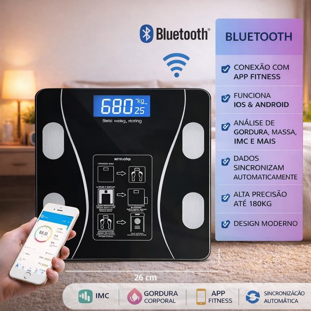 Balança Digital Inteligente Bioimpedância Bluetooth IMC Gordura Corporal Massa Muscular App Fitness