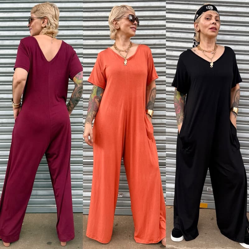 Macacão Feminino Pantalona Viscolycra Elegante Longo Solto Gola V Manga Curta Confortável Casual