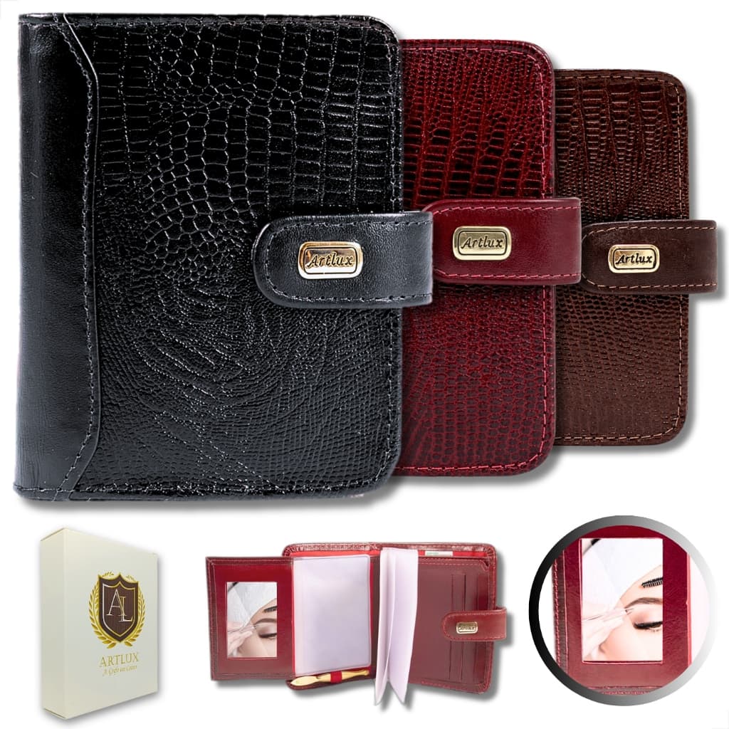 Carteira Feminina Em Couro Legítimo Premium Com Porta Moedas e Espelho Com fivela Lezard Textura