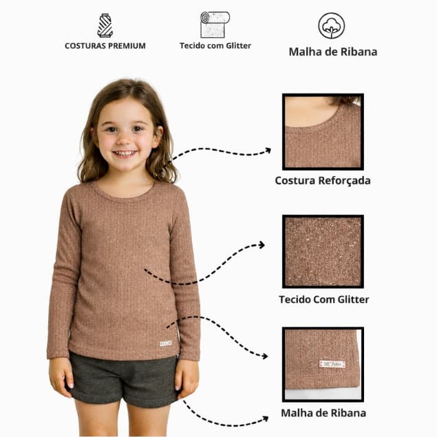 Blusa Ribana Canelada Com Brilho Manga Longa Infantil Menina Elastano Do 1 Ao 16