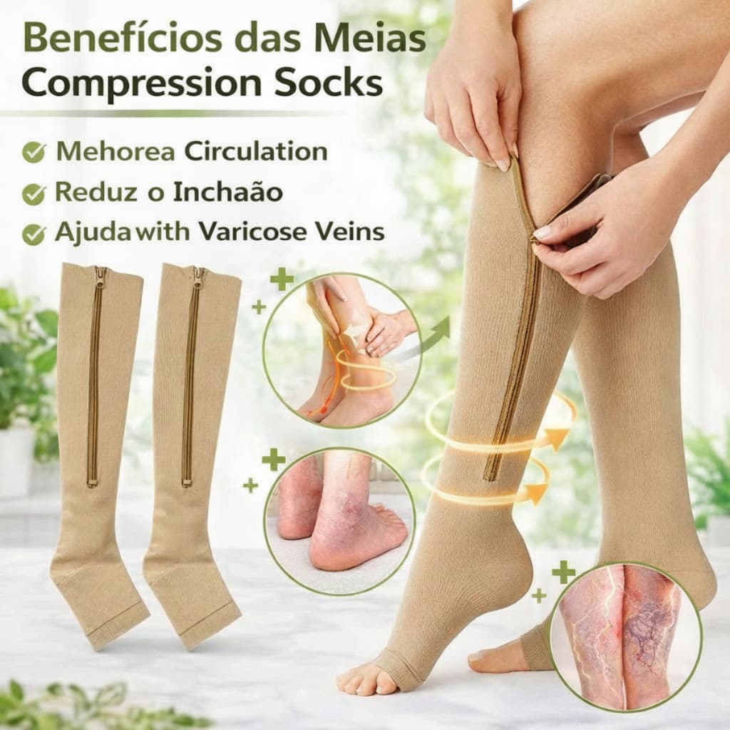 Par Meia Média Compressão Varizes Pernas Cansadas Inchaço Dores 3/4 Zíper Compressão Unissex