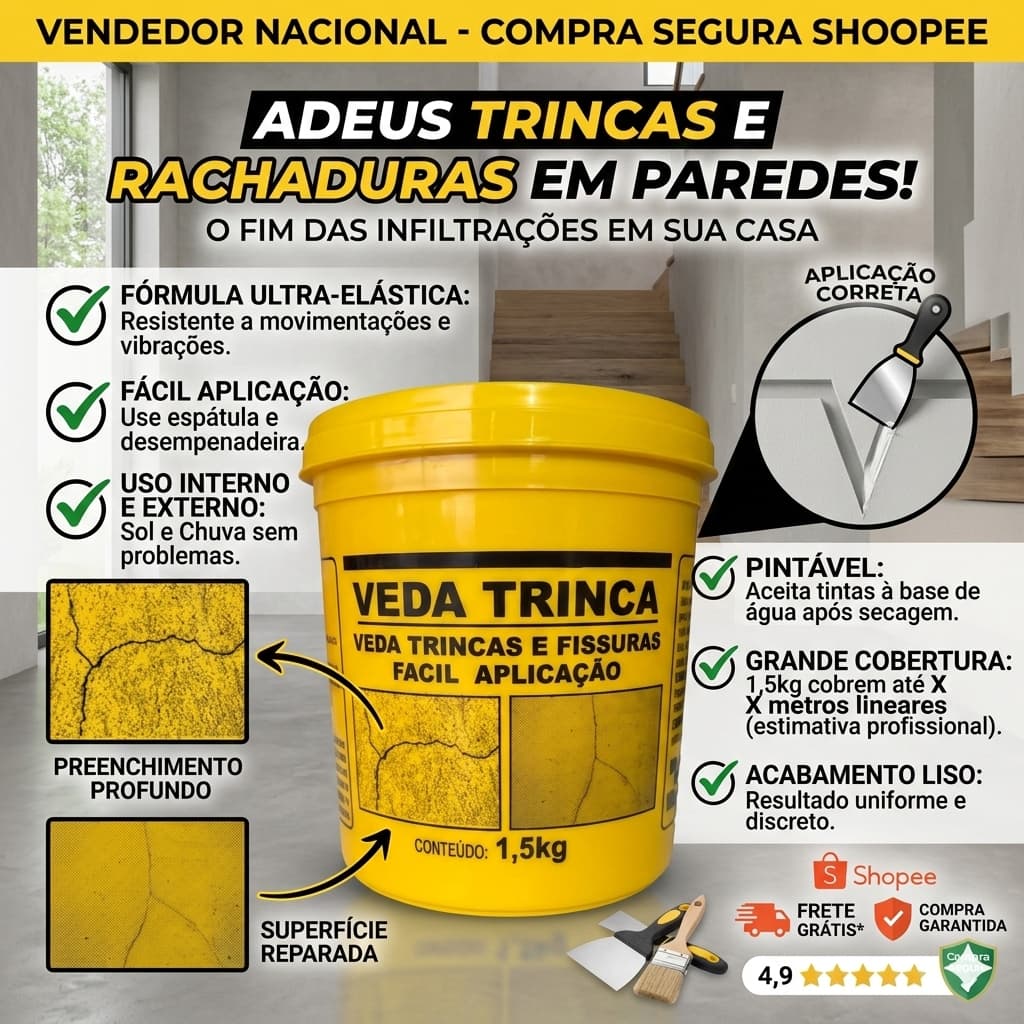 Veda Trinca 1,5kg Massa Flexível Acaba com Rachaduras e Fissuras em Paredes Lajes e Tetos Profissional