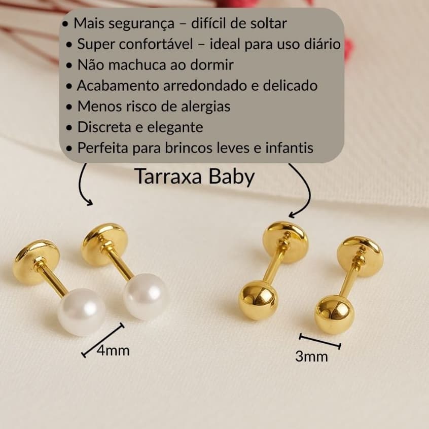Kit 2 Brincos Infantil Banhado a Ouro Pérola e Bolinha com Tarraxa Baby Combo Infantil Antialergico