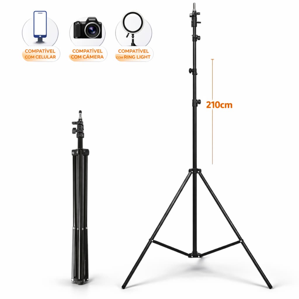 Tripé Profissional 2.1M Ajustável 68-210cm Para Câmera Ring Light Celular Suporta 3kg Rosca 1/4