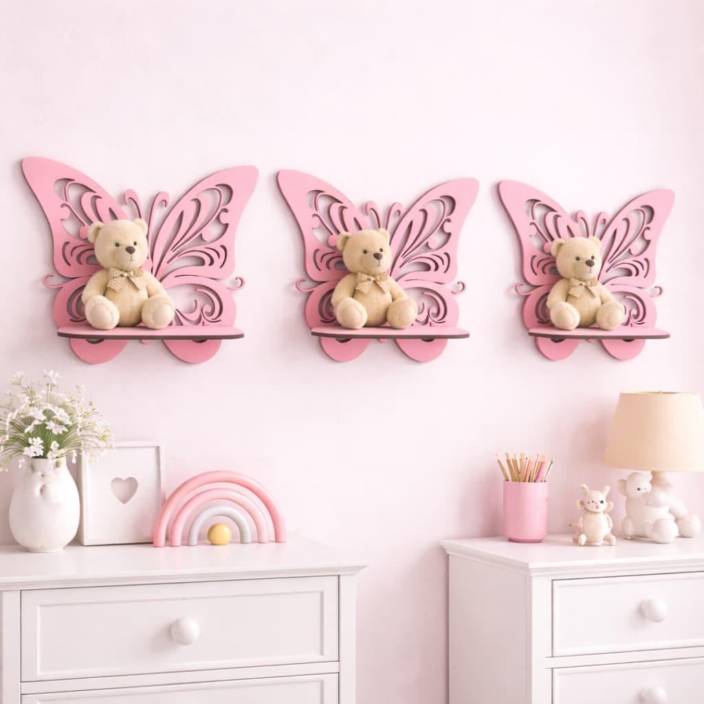 Prateleira Borboleta MDF – Kit 3 Unidades para Quarto de Menina