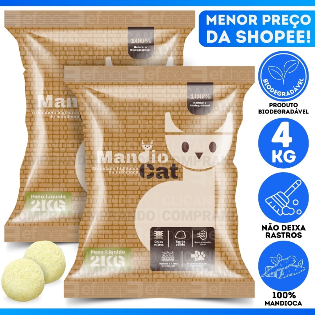 Areia De Gato Mandiocat Biodegradável Mandioca Grão finos 2 ou 4 Kg Para Gatos - OFERTA