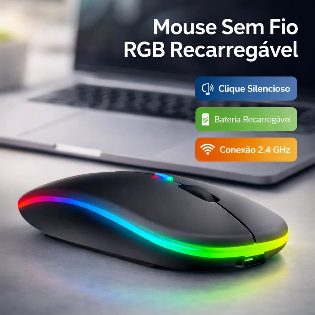Mouse Sem Fio Wireless Recarregável Led Rgb 2,4GHz Bluetooth Bateria Interna Ergonômico Silencioso