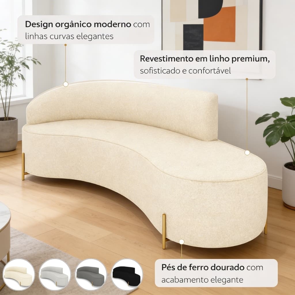 Sofá 4 Lugares Orgânico Morgan Linho 220cm Curvo Design Moderno Premium Sala Estar Pés Ferro Dourado