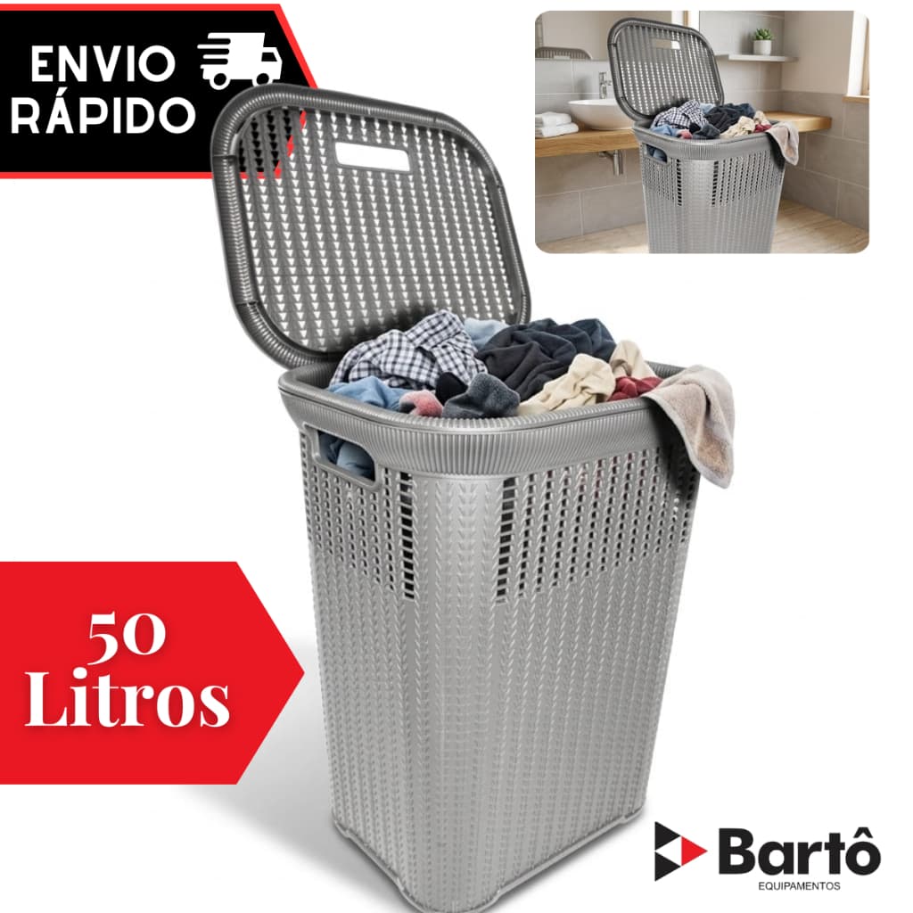 Cesto Telado Rattan 50 Litros Cinza Com Tampa Premium Reforçado