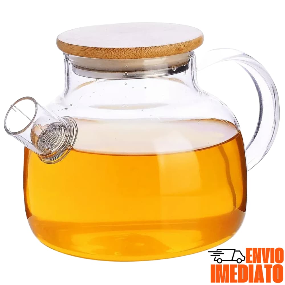 Chaleira de Vidro Bule Borossilicato 1L com Tampa de Bambu e Coador Infusor de Inox Resistente ao Fogo Bamboo