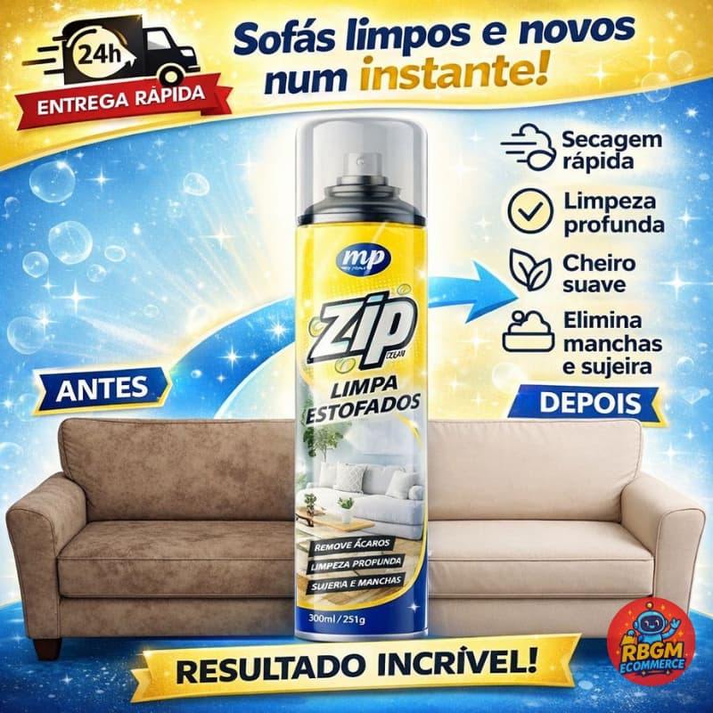 Limpa Estofados Espuma Mágica Zip Clean Spray 300ml Limpeza Seca Colchão Tapete Carro Gordura Odor