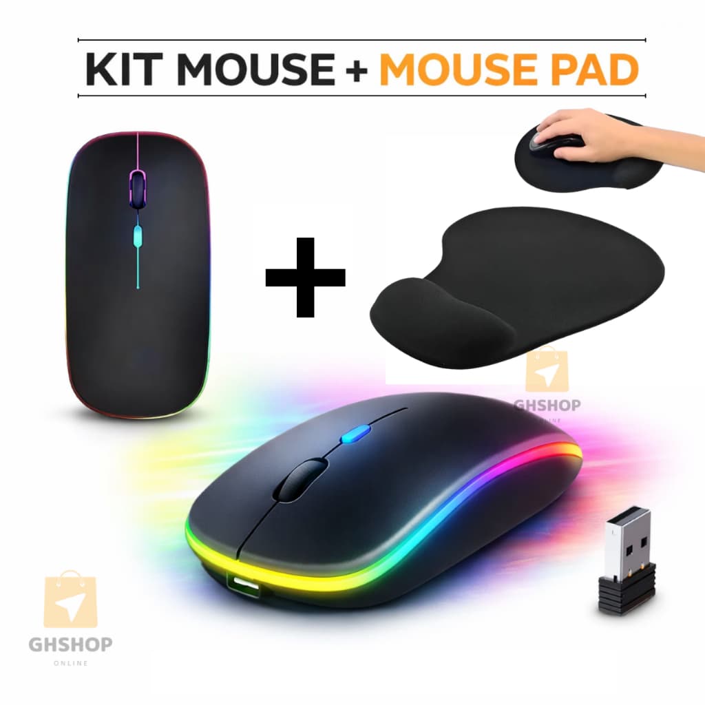 Kit Mouse Sem Fio Recarregavel Para Notebook Rgb + Mouse Pad Apoio Punho