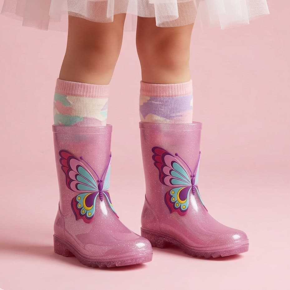 Botas Infantil Galocha Meninas Cano Alto Impermeável Borboleta Estilosa Antiderrapante Coloridas