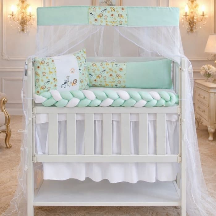 Kit Para Mini Berço 6 Peças Trança E Mosquiteiro Masculino E Femino envio imediato - Cores