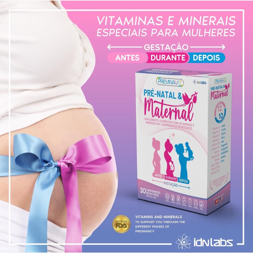 Suplemento Vitamina Previnavit Pré Natal E Maternal 30 Comprimidos - IdnLabs