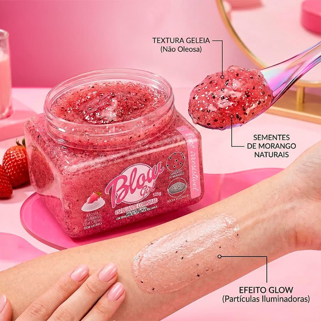 Esfoliante Corporal em Gel Blow Girl Morango com Creme Rocha Vulcânica e Efeito Glow 525g