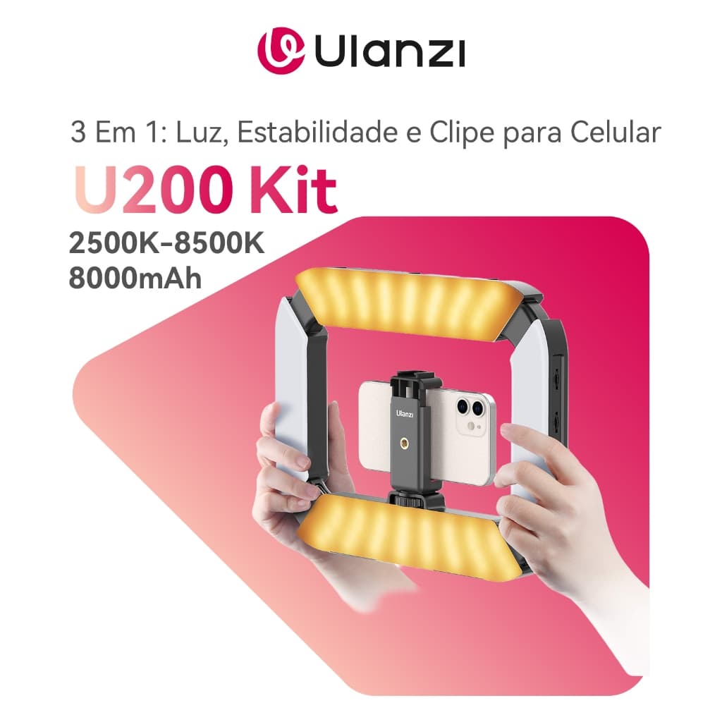 ULANZI U200 Kit de Vídeo para Smartphone com Estabilizador e Luz Anelar LED, para Vlog e YouTube