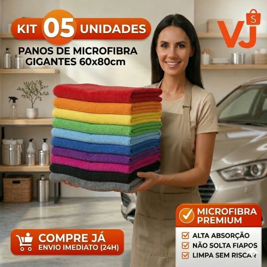 Kit 05 Panos Microfibra 60x80 Limpeza Carro e Chão Alta Absorção Não Risca