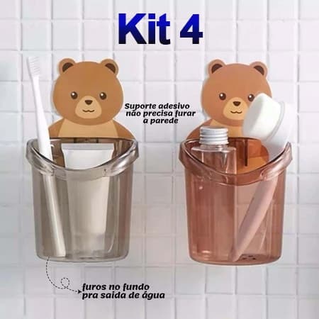 Kit 4 Suporte Porta Escova De Dentes Para Barbeador Banheiro Com Urso Adesivo