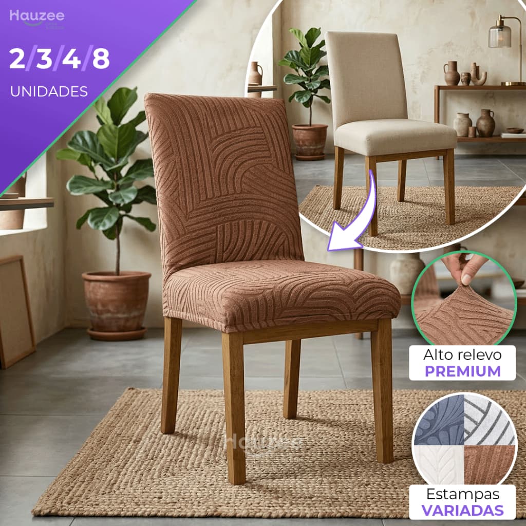 Capa Protetora em Alto Relevo Malha Suede Jacquard para 2 4 6 Cadeiras Resistente Premium Kit Lavável Elástica Jantar