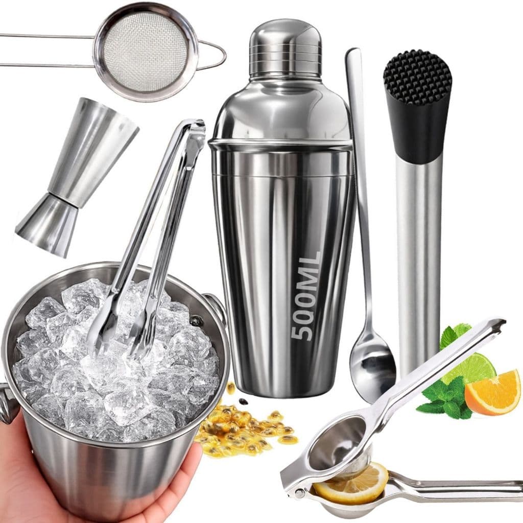 KIT Caipirinha Bartender 8 pçs Inox Coqueteira Espremedor Socador Dosador Balde Colher Pegador Peneira Completo