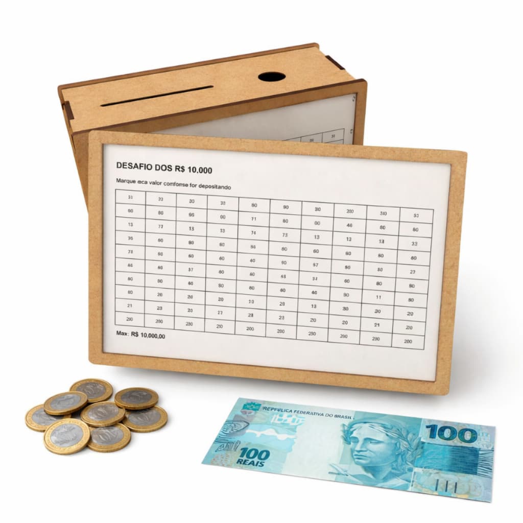 Cofre Desafio 10Mil/5Mil/1Mil Dinheiro MDF Método Japonês Cofrinho Poupança Madeira