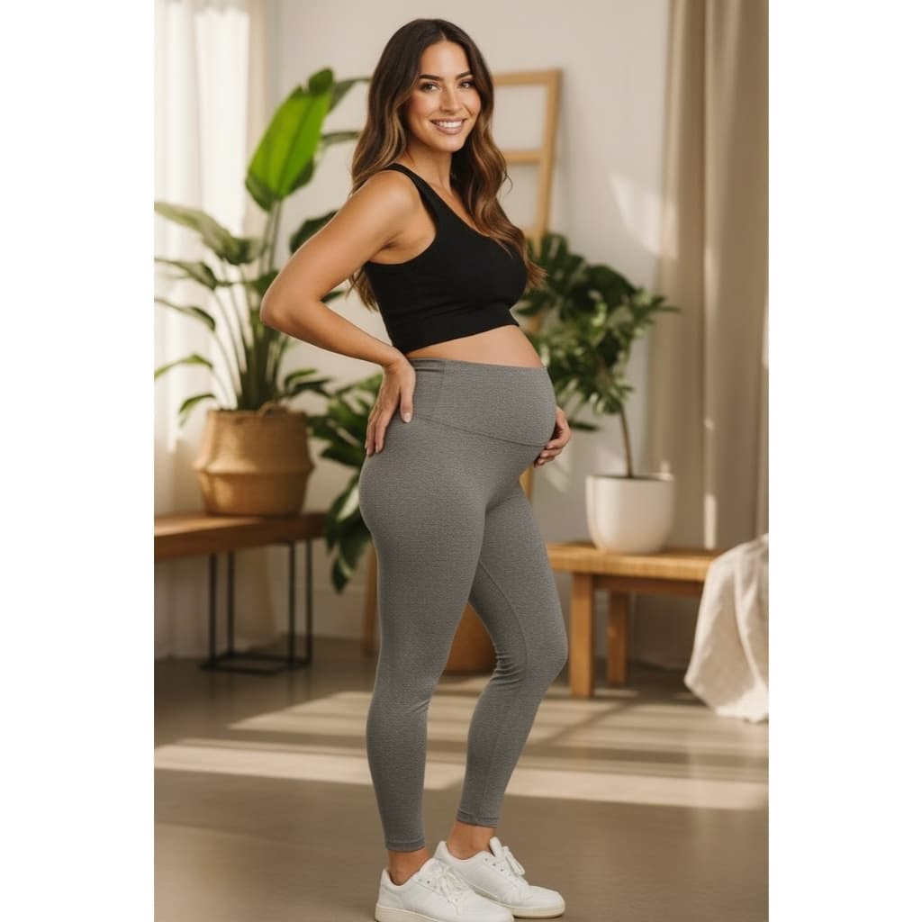Calça legging gestante cinza mescla maternidade alto conforto sustentação cós alto caça para grávida suporte barriga mãe