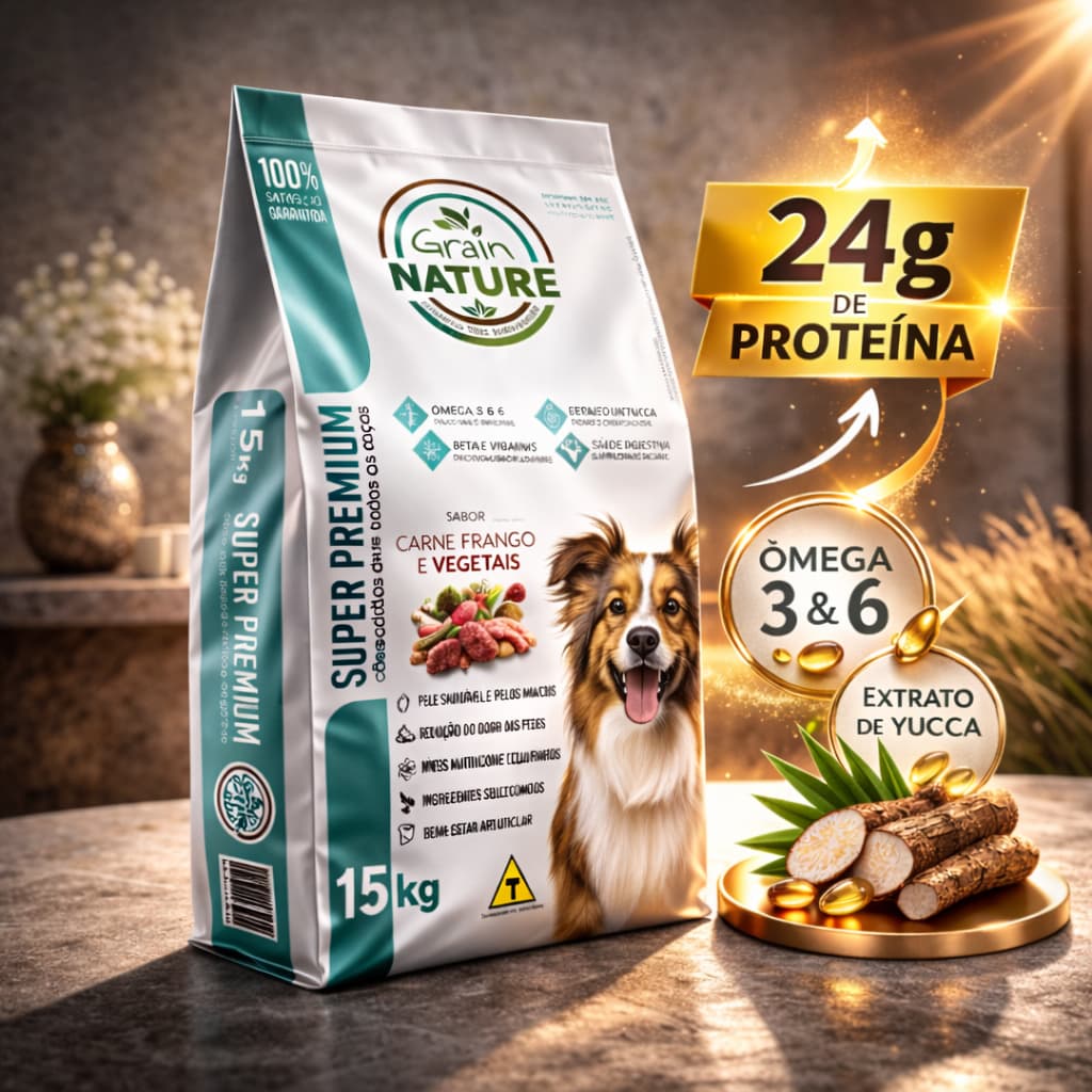 Ração Premium Grain Nature 15kg – Com Ômega 3 e 6 e Extrato de Yucca
