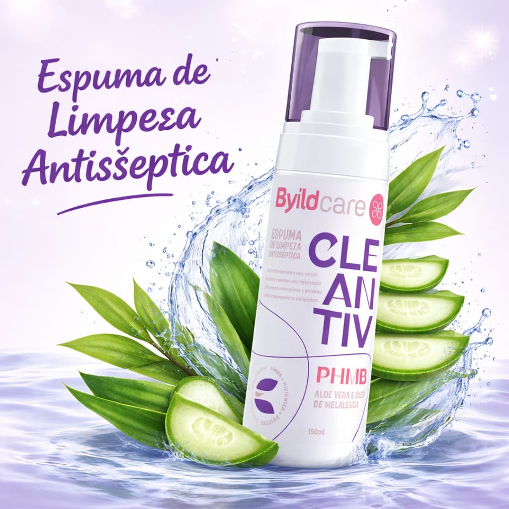 ESPUMA DE LIMPEZA ANTISSEPTICA CLEANTIV 150ML BYILDCARE PHMB LIMPEZA DE PELE FERIDAS ATUAÇÃO COMPLETA