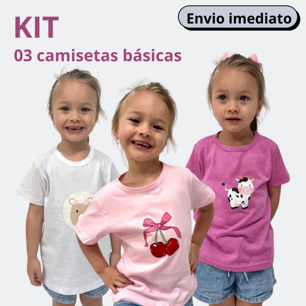 Kit 03 Camisetas Estampadas Meia Malha 100% Algodão Meninas