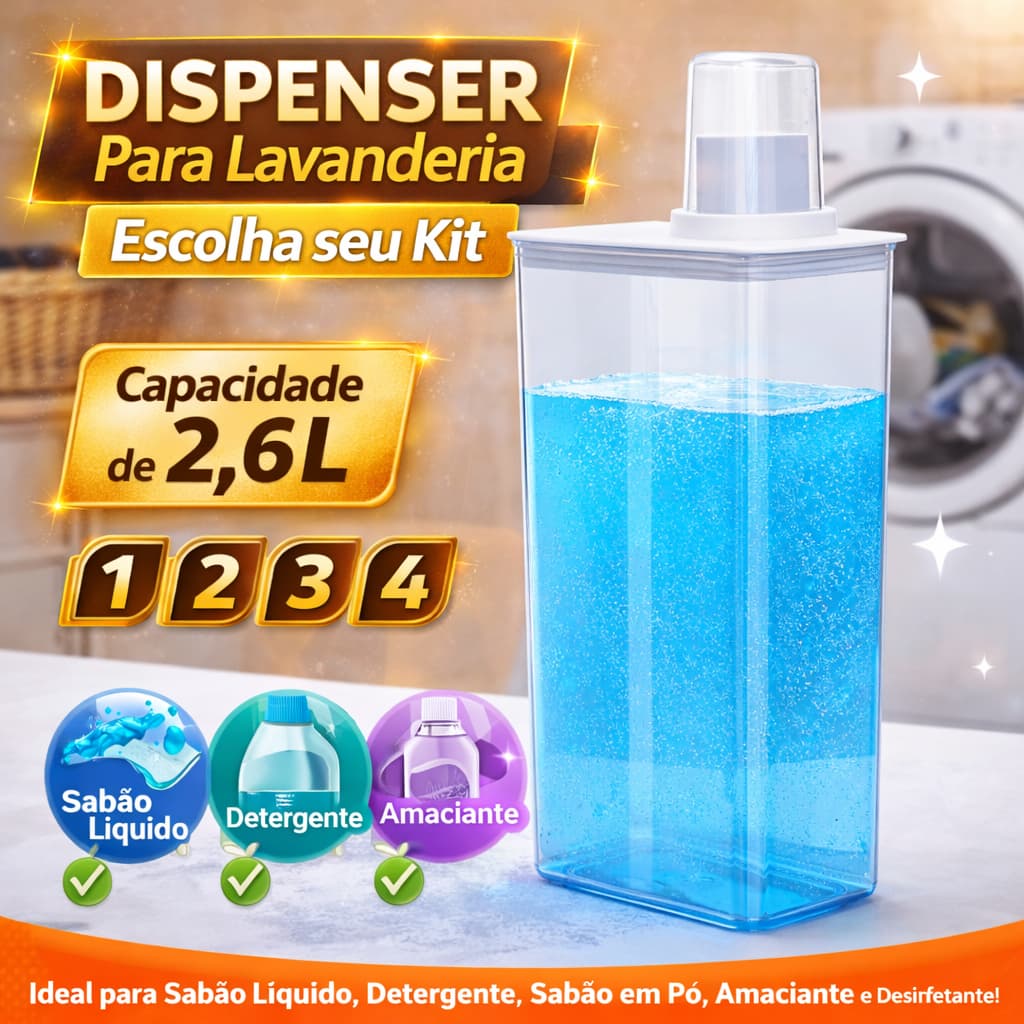 Dispenser Organizador Lavanderia Sabão Líquido Em Pó Amaciante Tira Manchas 1,3L 2,6L