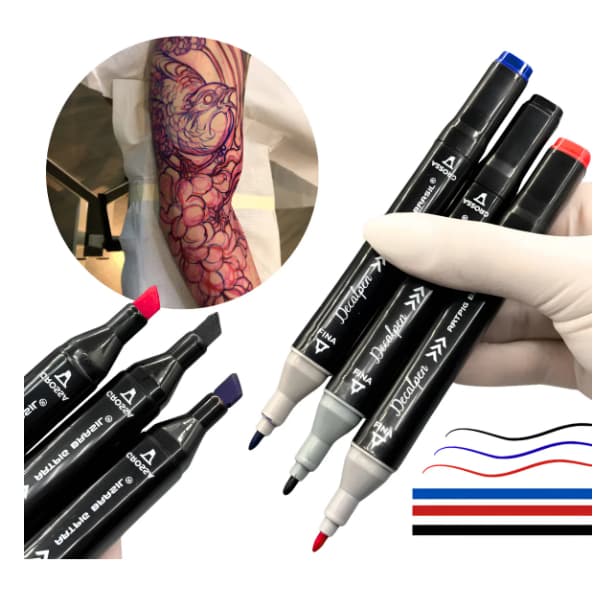 Kit 3 Caneta Free Hand 2 Ponta Preta Azul Vermelha Tatuagem Tattoo