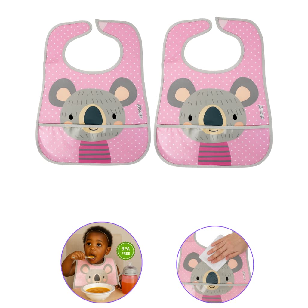 2 Babador Clingo Impermeáveis Infantil Menina Bolso Pega Migalhas Lavável Coala Rosa