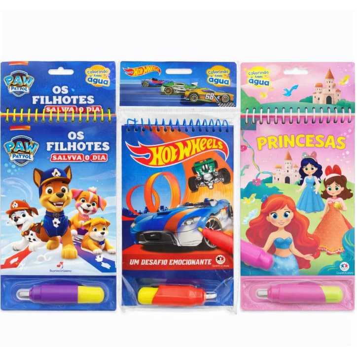 Kit 2 ou 3 Livros mágicos para Colorir Infantil – Aquabook  (Patrulha Canina, Princesas, Hot wheels)