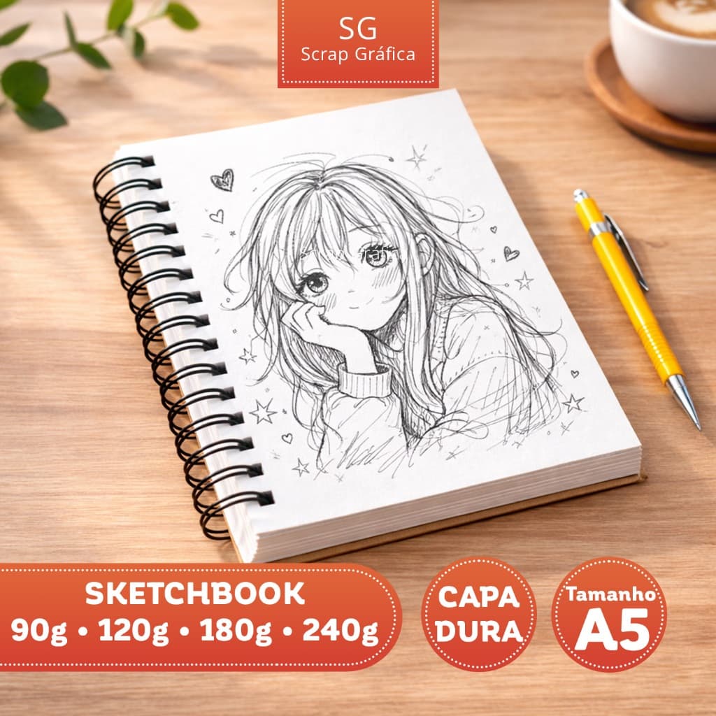 Caderno Sketchbook para Desenho, Giz e Aquarela 3 opções de Folhas Lisas 90g, 120g, 180g ou 240g