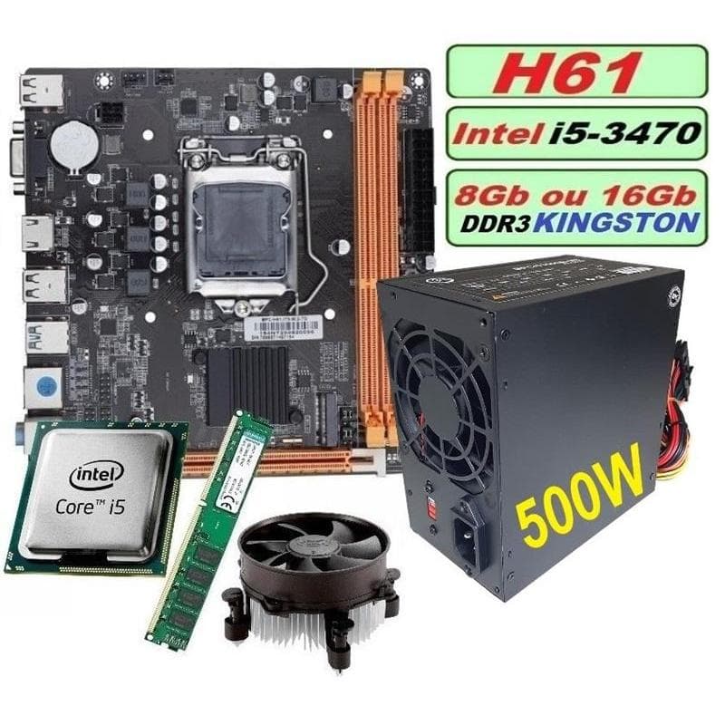 Kit UPGrade Fonte 500W i5-3470 Memória 8GB ou 16GB DDR3 Placa Mãe H61 Slot SSD M2 1155