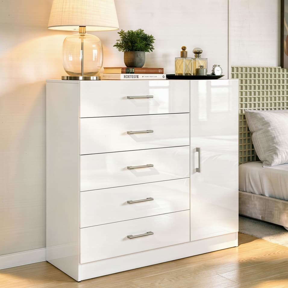 Cômoda Miami 5 Gavetas 1 Porta Sapateira Organizadora Quarto Moderno Branco Off White - Blue Moby