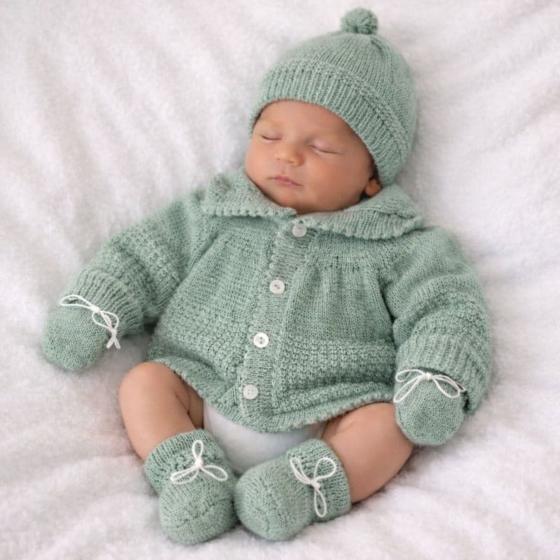 Casquinho cardigan gorro luva e meia sapatinho de lã tricô kit bebê recém nascido
