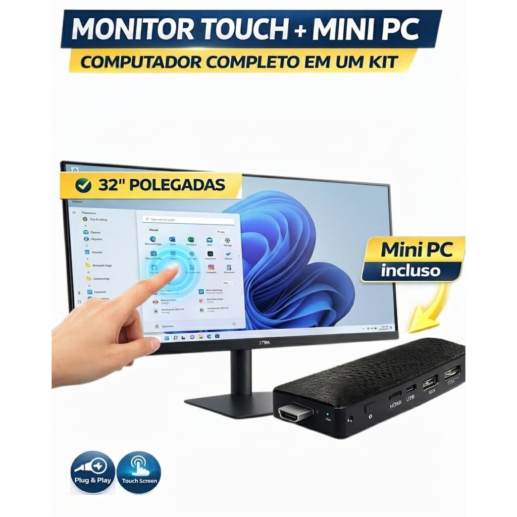 Monitor Touchscreen 32” 100Hz com Mini PC Portátil – Computador Completo para Home Office, Estudo