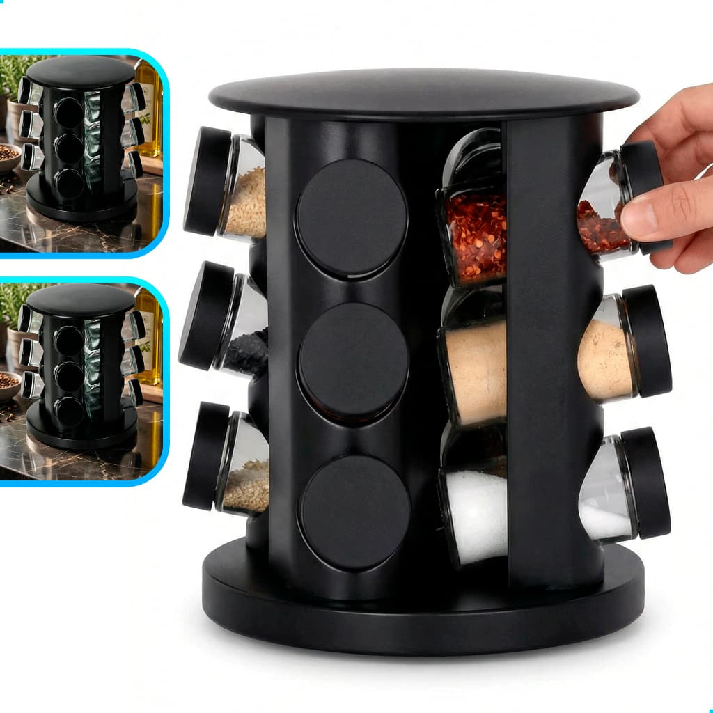 Porta Temperos Giratório 9 Potes Vidro com Tampa Dosadora Organização Cozinha Condimentos