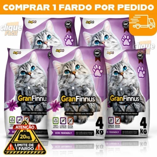 Kit 5 Areia Sanitária Higiênica Argila Natural para Gatos Grãos Médios Granfinnuns 20 kg Mimo Cat