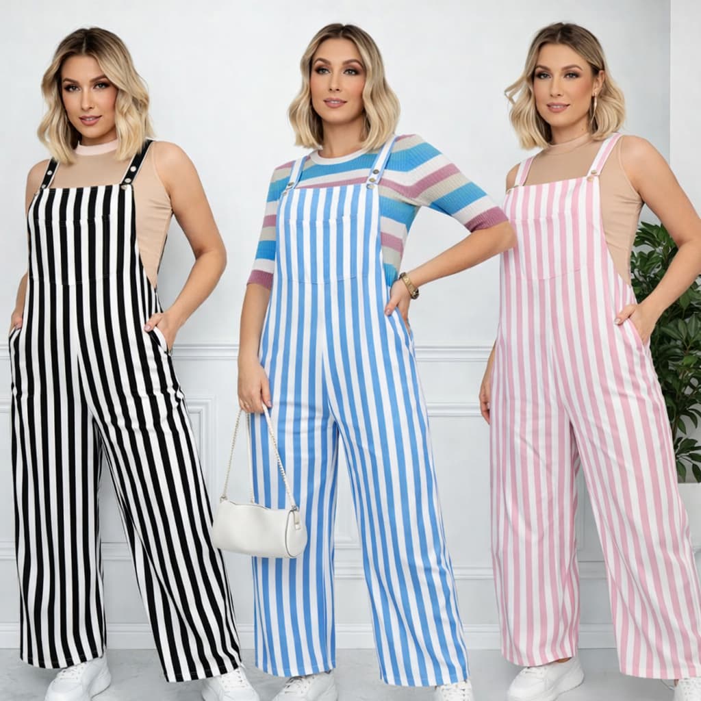 JARDINEIRA FEMININA LISTRADA ELEGÂNCIA QUE VENDE TENDENCIA ELEGANTE