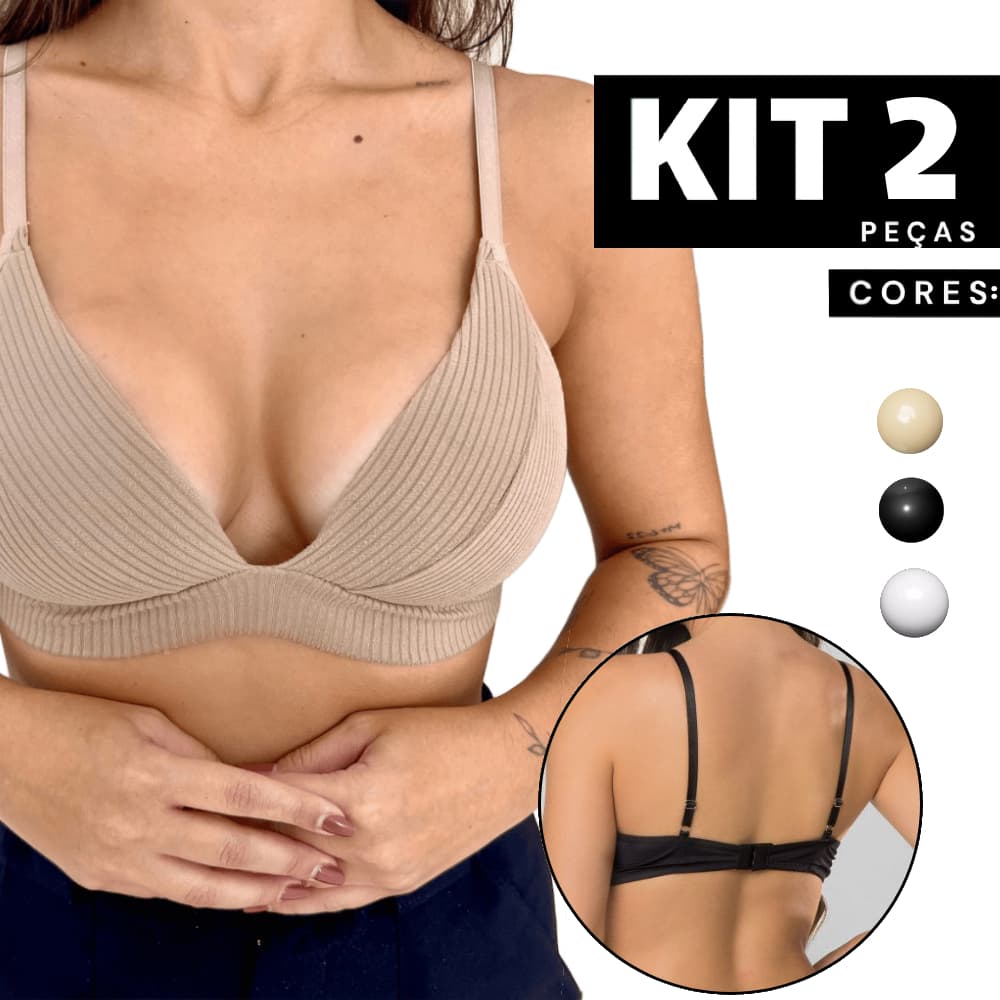 Kit 2 ou 1 Sutiã com Bojo sem Aro Canelado com Decote em V Alça Fina Regulável Dia a Dia Edumara