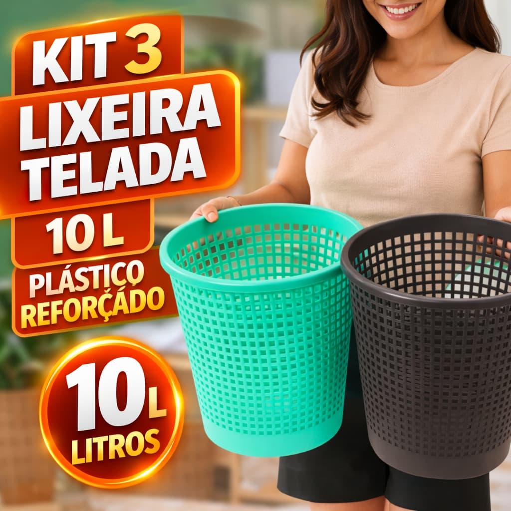Kit 3 Cestos Lixeira Telada 10L Plástico Resistente Multiuso para Banheiro Escritório Quarto