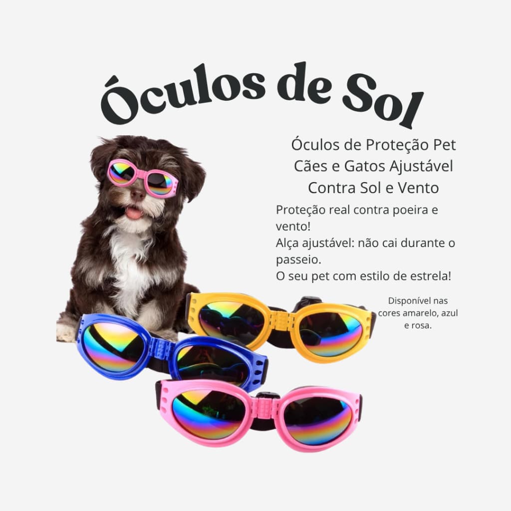 Óculos de Sol Pet Cães e Gatos Proteção UV Fashion Sunglasses Ajustável Contra Vento e Sol Para Passeio e Fotos