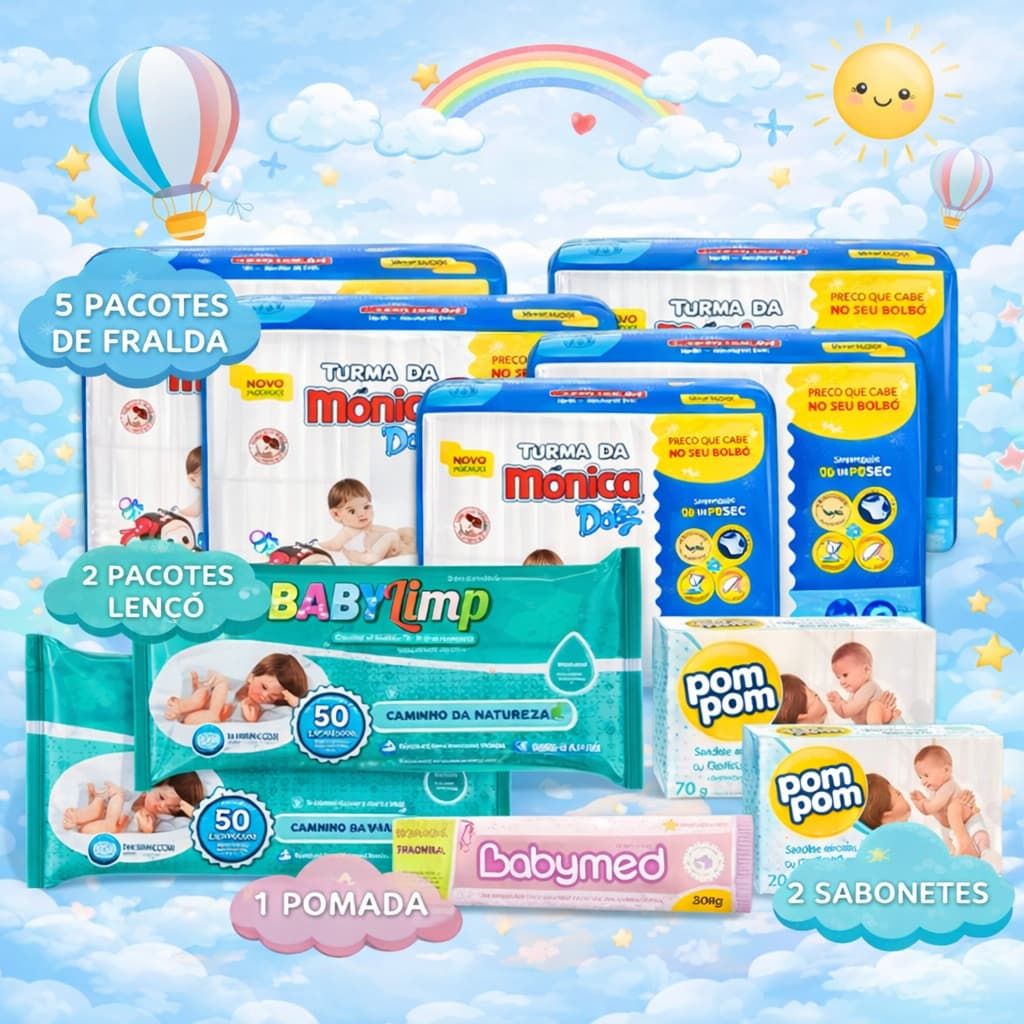 Kit Fralda Turma da Mônica 5 ou 4 Pacotes + 2 Lenços Umedecidos + 2 Sabonetes + Pomada – Chá de Bebê