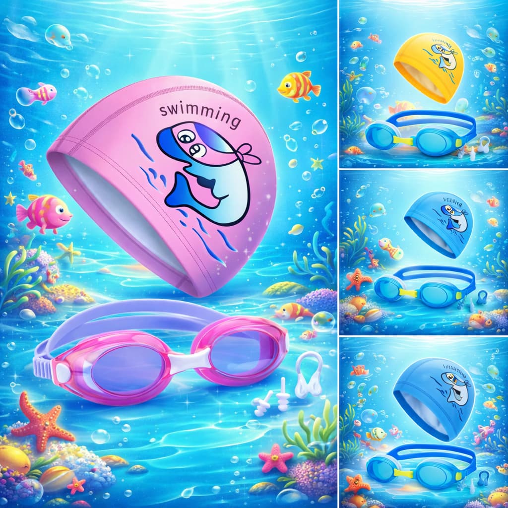 Kit Natação Infantil Óculos Touca PU com Protetor Nasal e Auricular