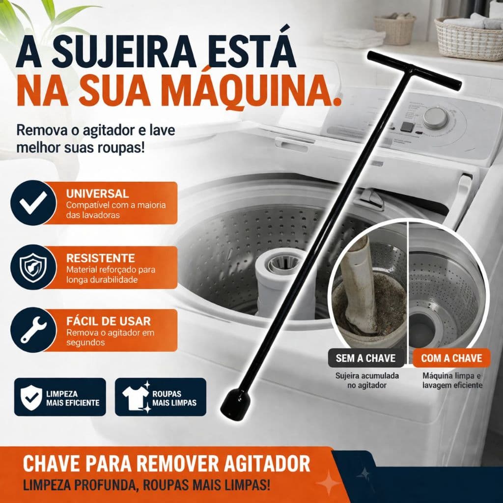 Chave T  Longa Para máquina de lavar 10mm Agitador Brastemp/Consul/Electrolux Universal 48/62cm